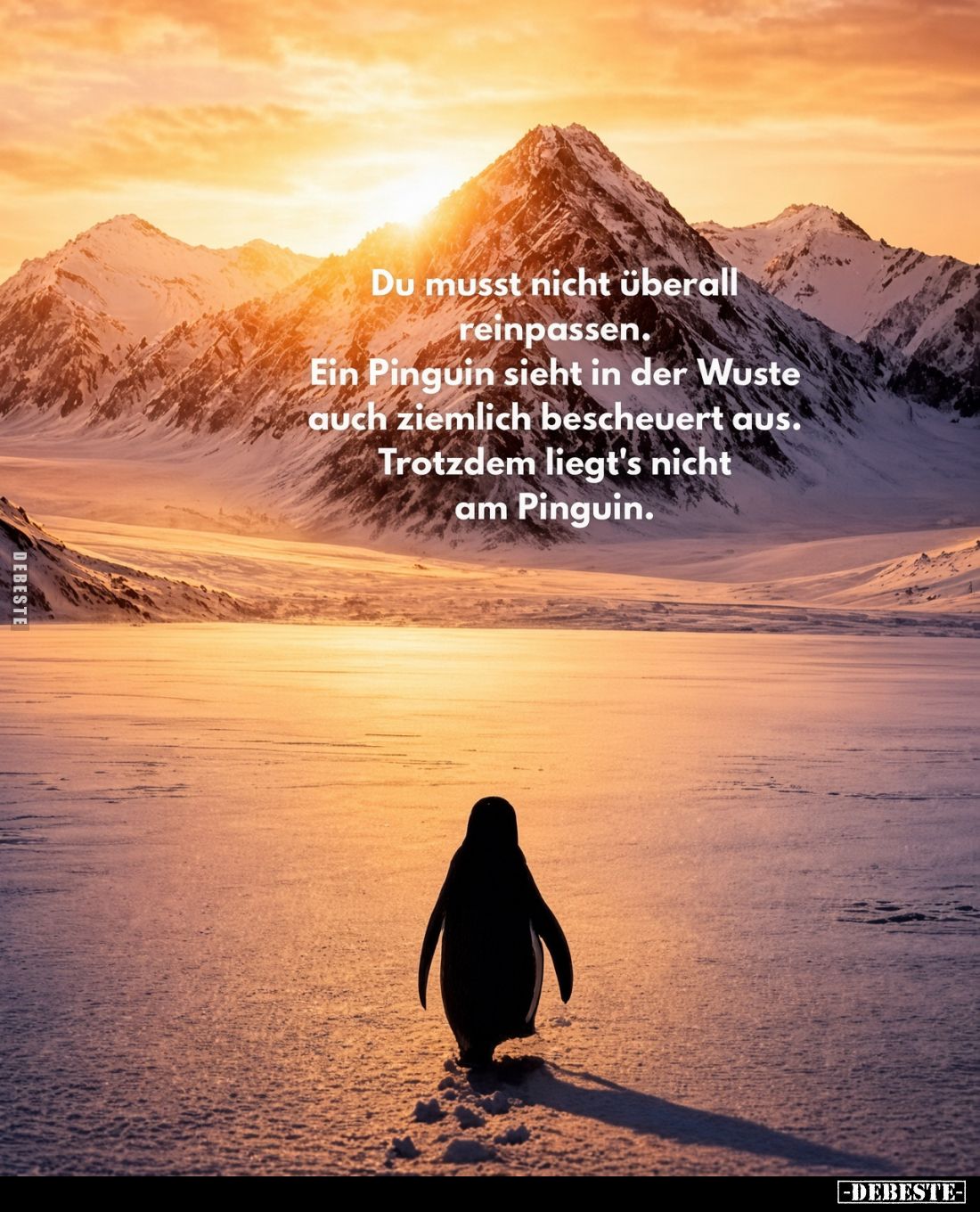 Du musst nicht überall
reinpassen.
Ein Pinguin sieht in der Wüste
auch ziemlich bescheuert aus.
Trotzdem liegt's nicht
a...