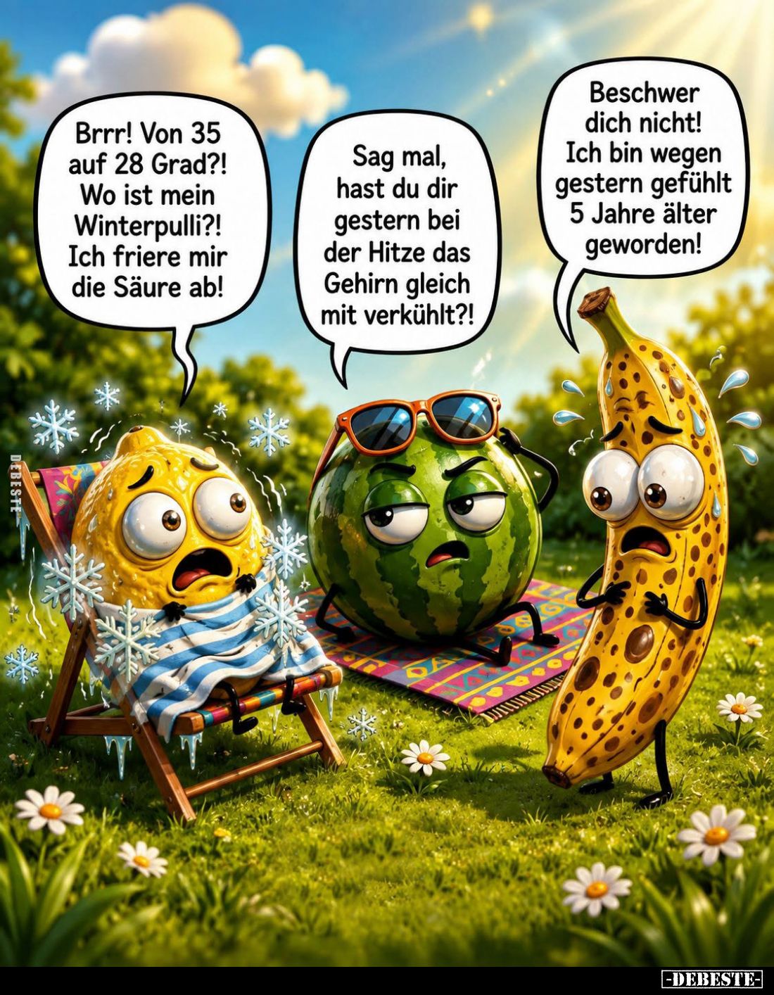 Brrr! Von 35 auf 28 Grad?! Wo ist mein Winterpulli?! Ich friere mir die Säure ab! -
Sag mal, hast du dir gestern bei der Hit...