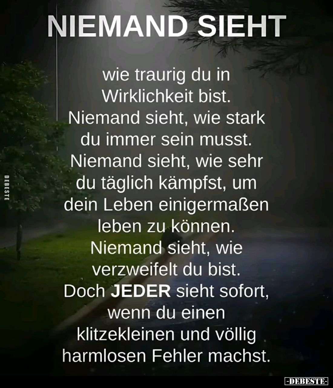 Niemand  sieht
wie traurig du in Wirklichkeit bist. Niemand sieht, wie stark du immer sein musst. Niemand sieht, wie sehr du...