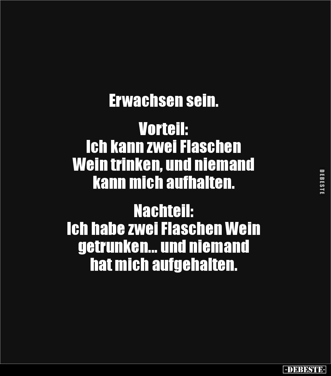 Erwachsen sein.


Vorteil:
Ich kann zwei Flaschen 
Wein trinken, und niemand 
kann mich aufhalten.


Nachteil:
Ich ...