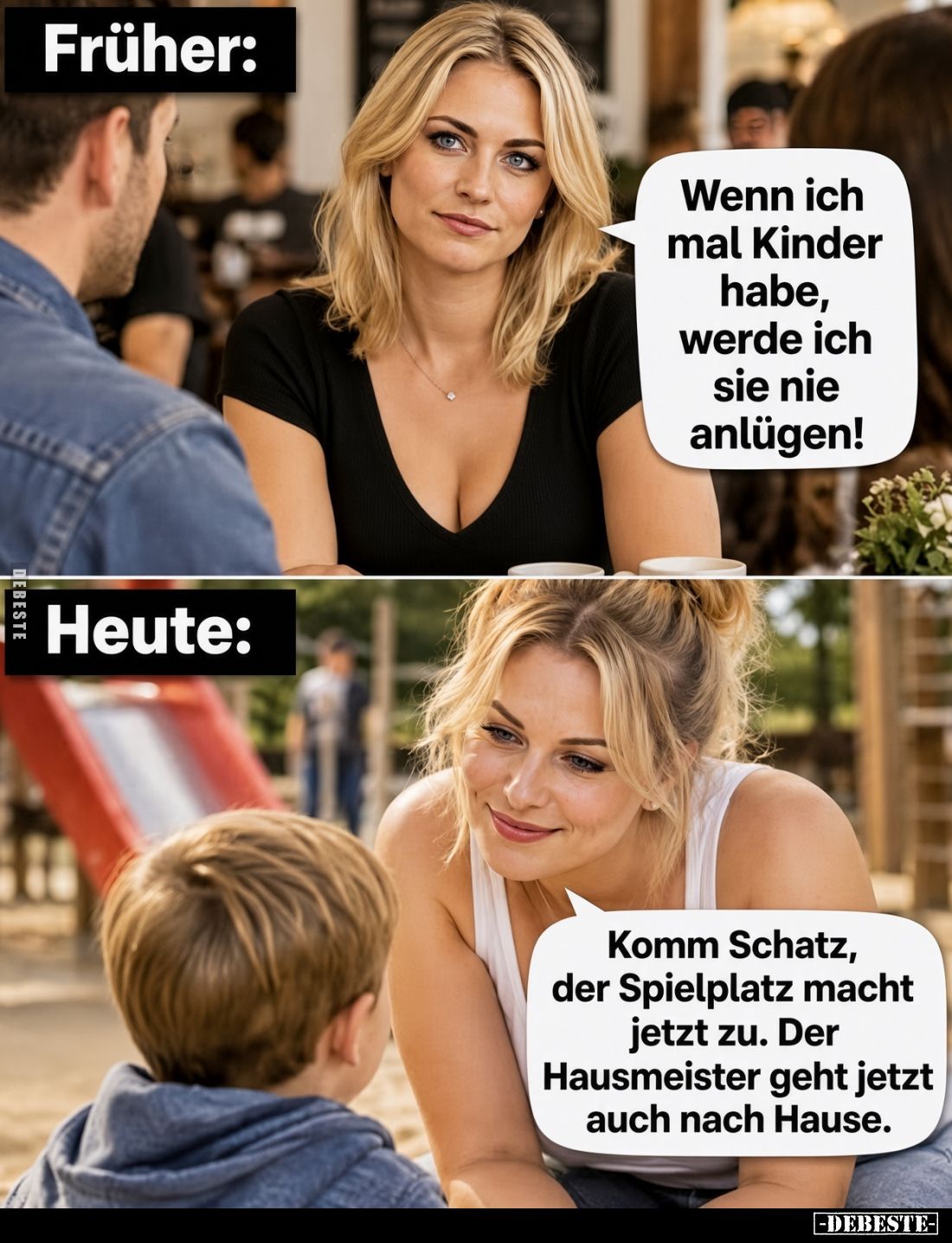 Früher:

Wenn ich mal Kinder habe, werde ich sie nie anlügen!

Heute:

Komm Schatz, der Spielplatz macht jetzt zu. Der ...