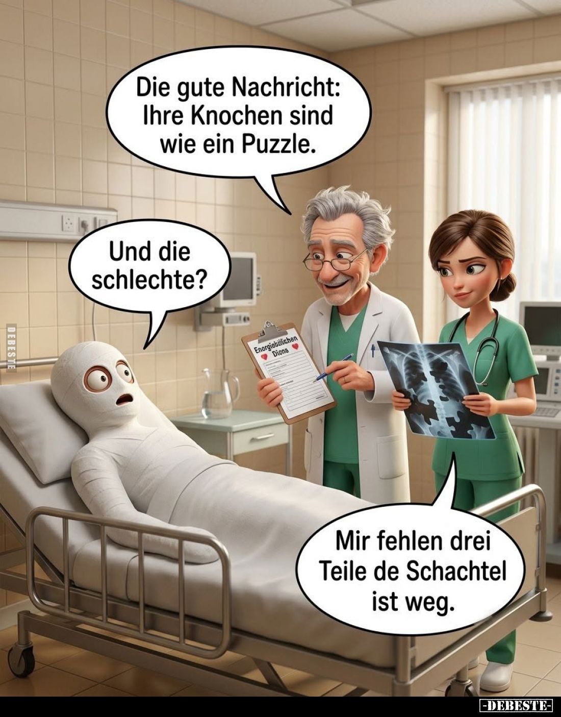 Die gute Nachricht:
Ihre Knochen sind
wie ein Puzzle.
-
Und die
schlechte?
-
Mir fehlen drei
Teile de Schachtel
ist ...
