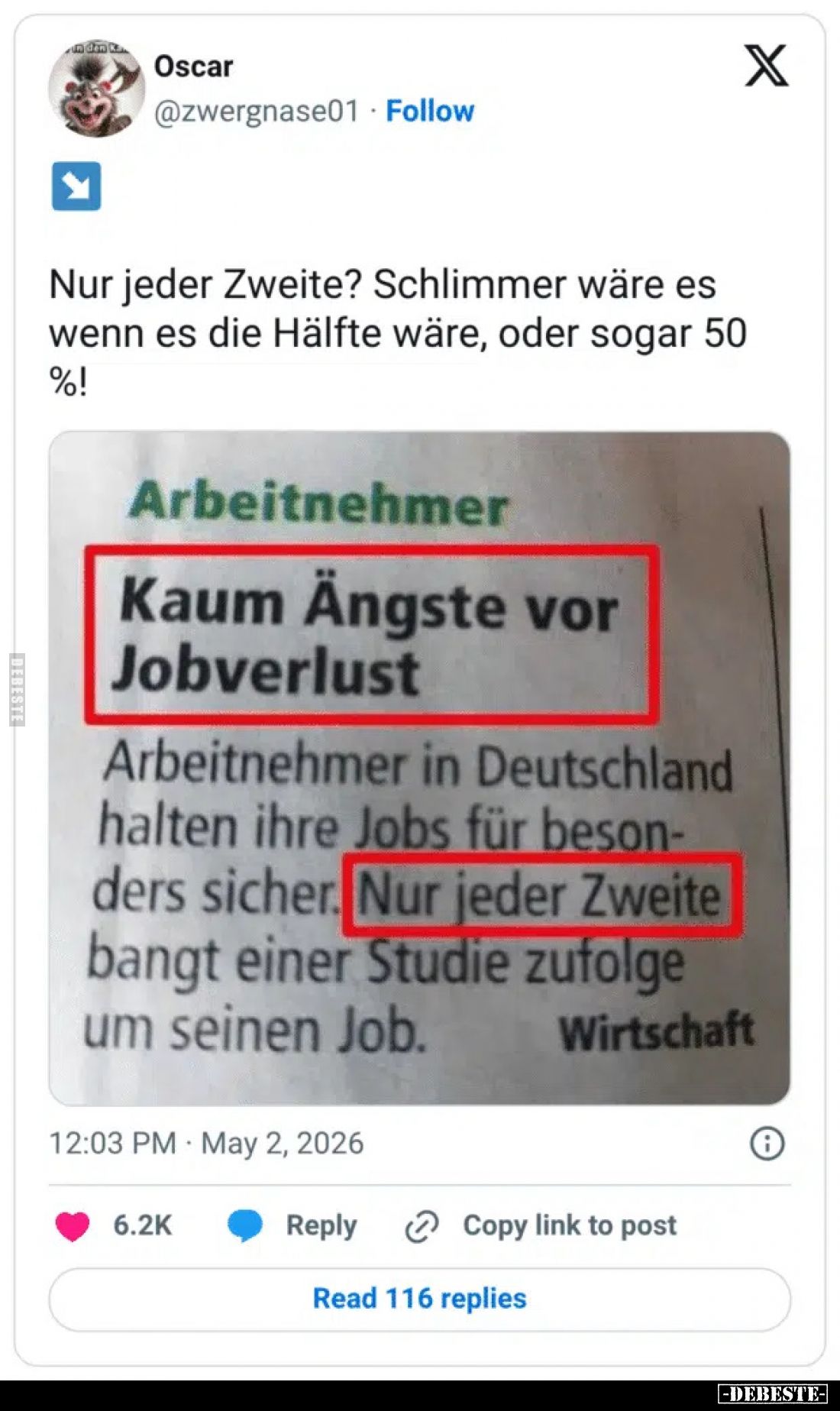 Nur jeder Zweite? Schlimmer wäre es wenn es die Hälfte wäre, oder sogar 50 %!
 - 
Arbeitnehmer - 
Kaum Ängste vor Jobverlu...