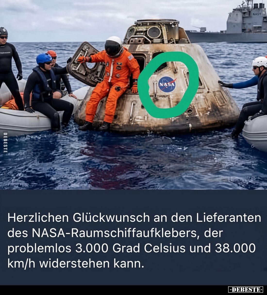 Herzlichen Glückwunsch an den Lieferanten des NASA-Raumschiffaufklebers, der problemlos 3.000 Grad Celsius und 38.000 km/h wi...