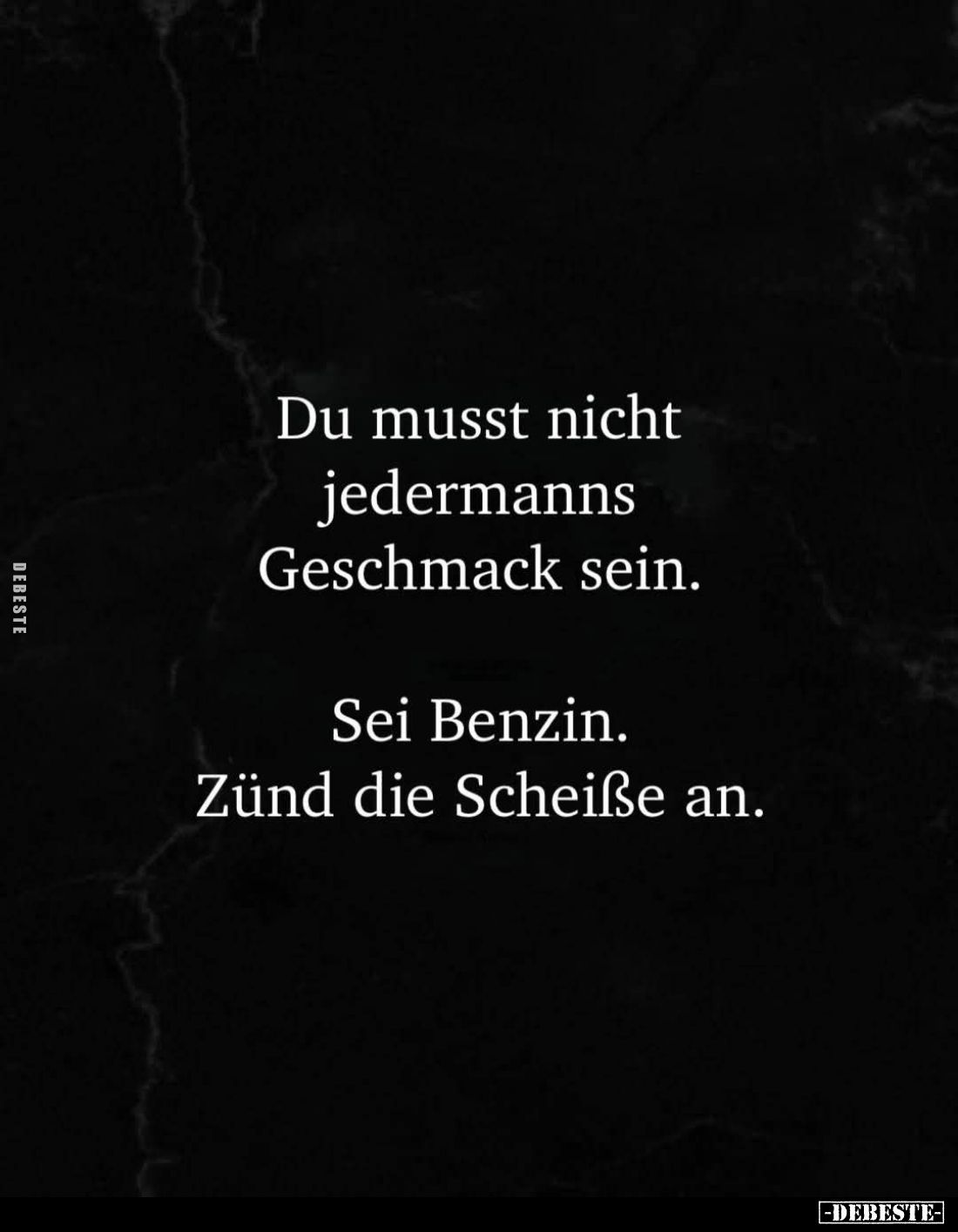 Du musst nicht jedermanns Geschmack sein.
Sei Benzin.
Zünd die Scheiße an.