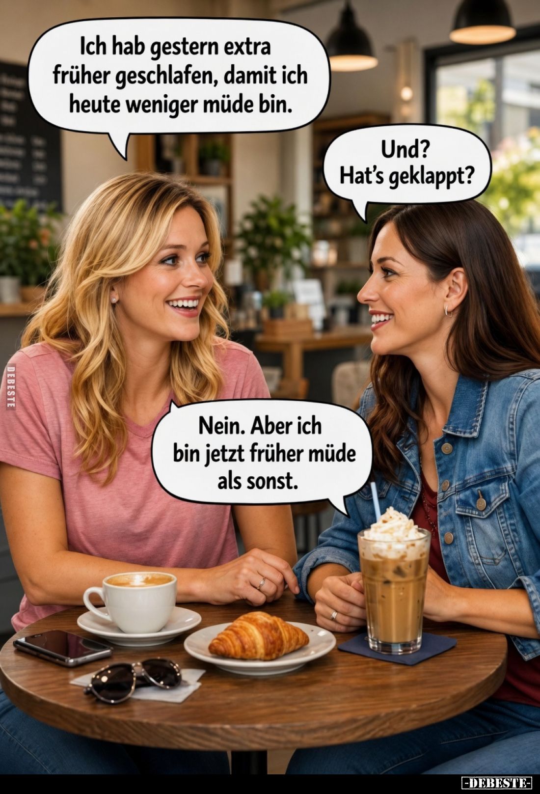 Ich hab gestern extra früher geschlafen, damit ich heute weniger müde bin.
Und? Hat’s geklappt?
Nein. Aber ich bin jetzt fr...