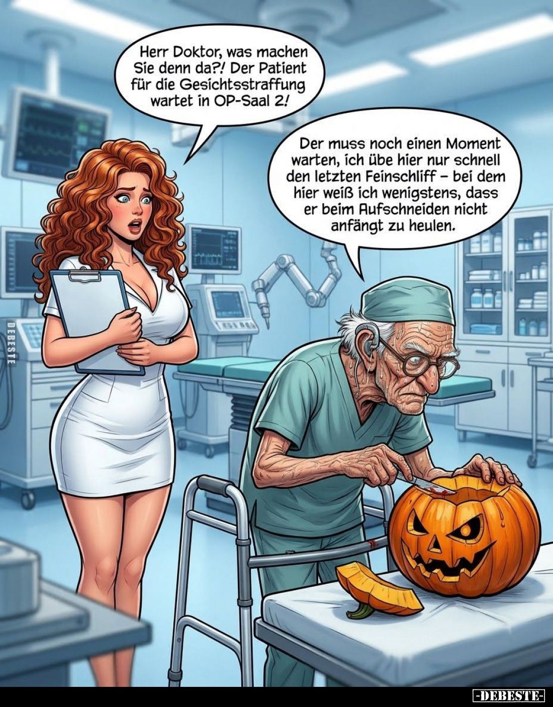 Herr Doktor, was machen Sie denn da?! Der Patient für die Gesichtsstraffung wartet in OP-Saal 2! -
Der muss noch einen Momen...