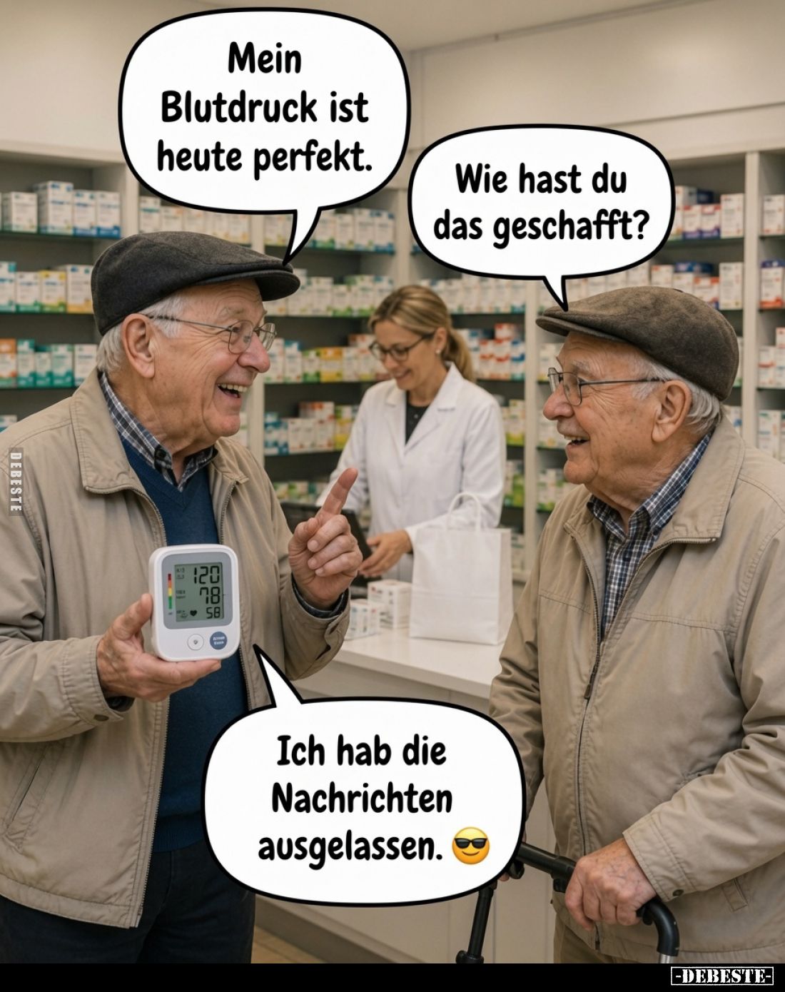 Mein Blutdruck ist heute perfekt.
-
Wie hast du das geschafft?
-
Ich hab die Nachrichten ausgelassen.