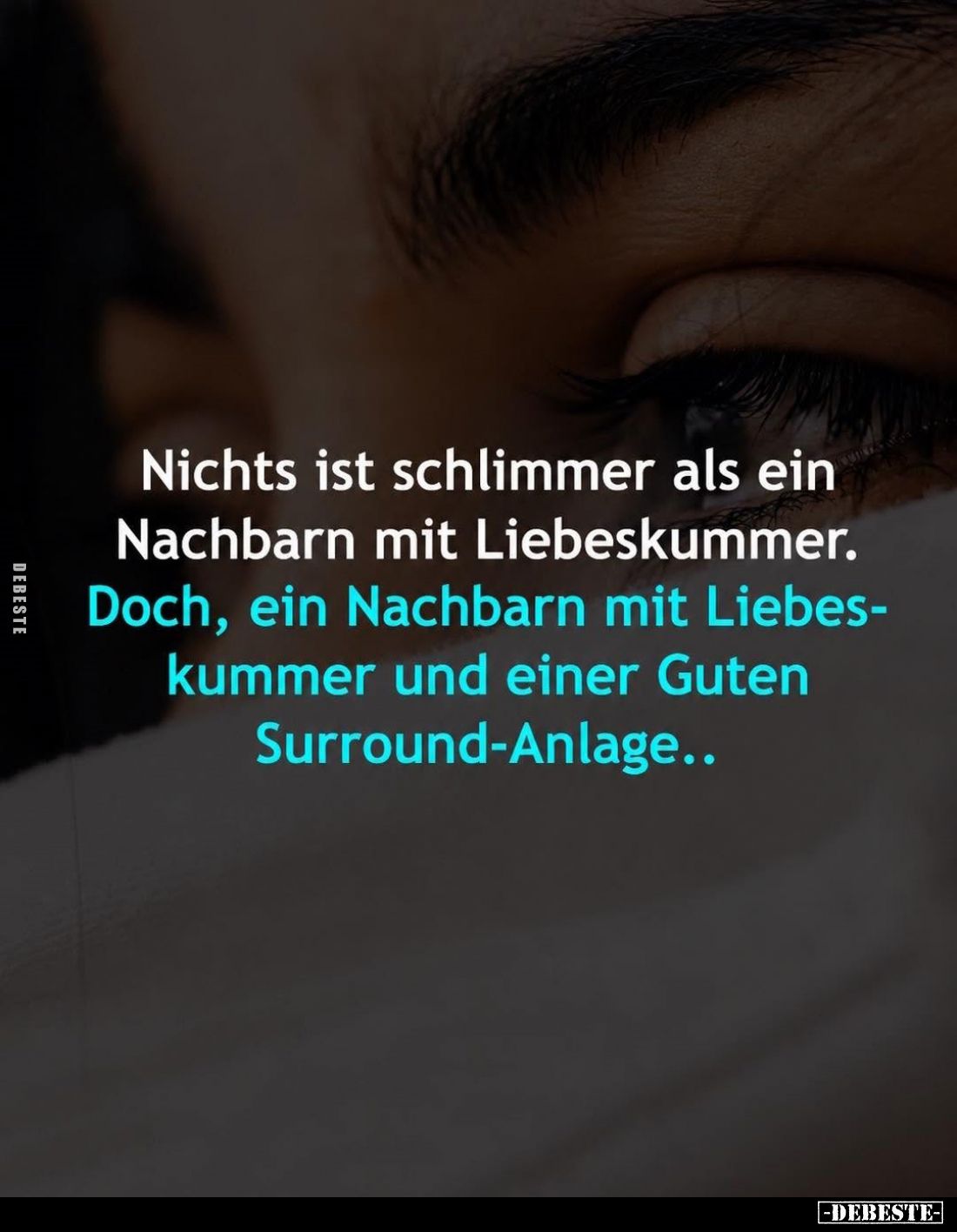 Nichts ist schlimmer als ein Nachbarn mit Liebeskummer.
Doch, ein Nachbarn mit Liebeskummer und einer Guten Surround-Anlage....
