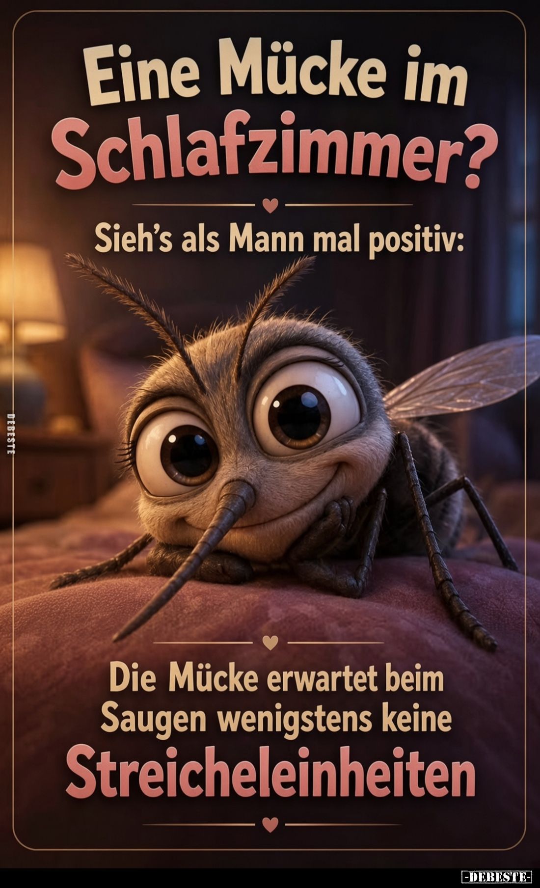 Eine Mücke im Schlafzimmer?
Sieh's als Mann mal positiv:
Die Mücke erwartet beim Saugen wenigstens keine
Streicheleinheite...