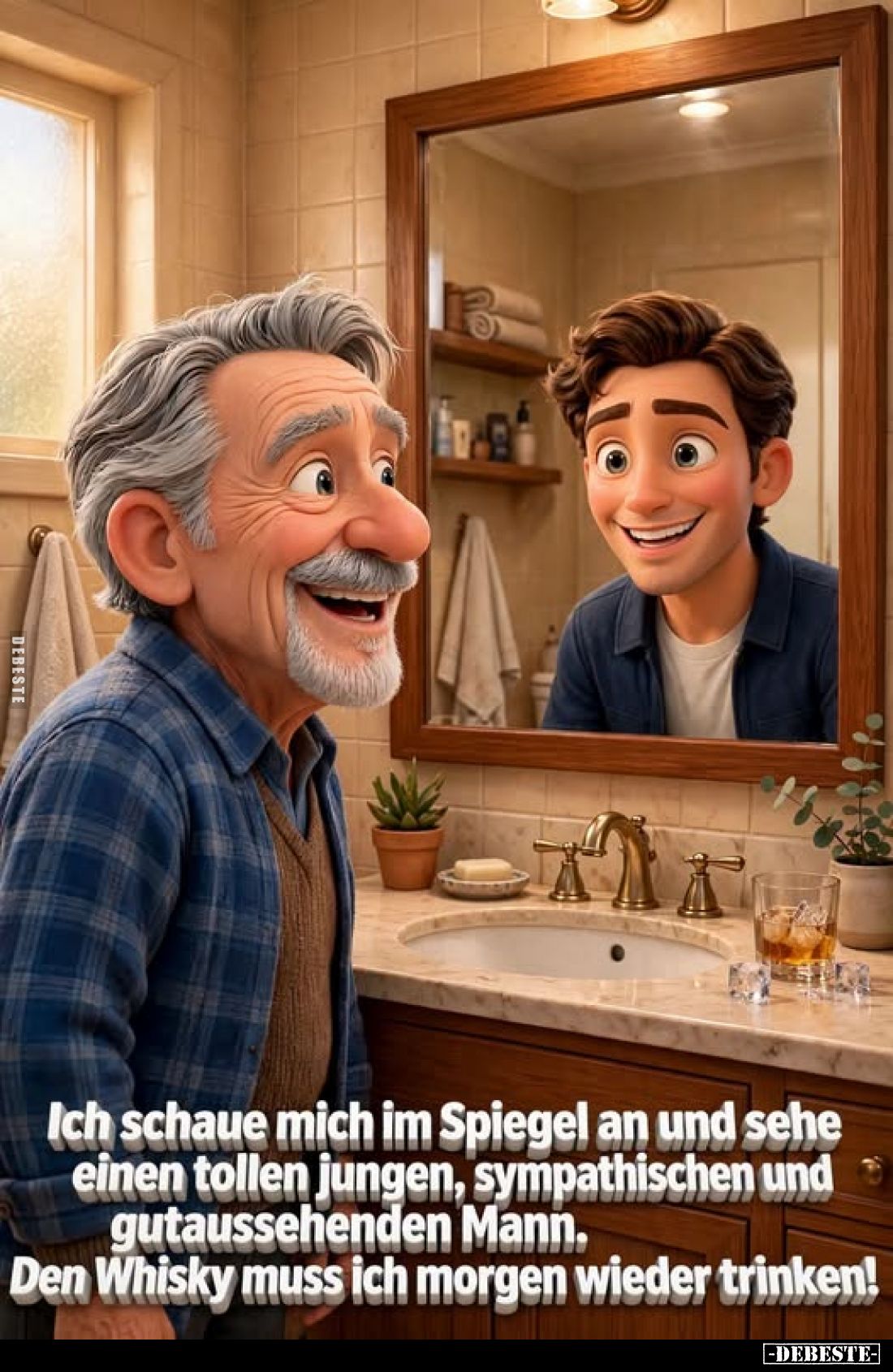 Ich schaue mich im Spiegel an und sehe einen tollen jungen, sympathischen und gutaussehenden Mann.
Den Whisky muss ich morge...