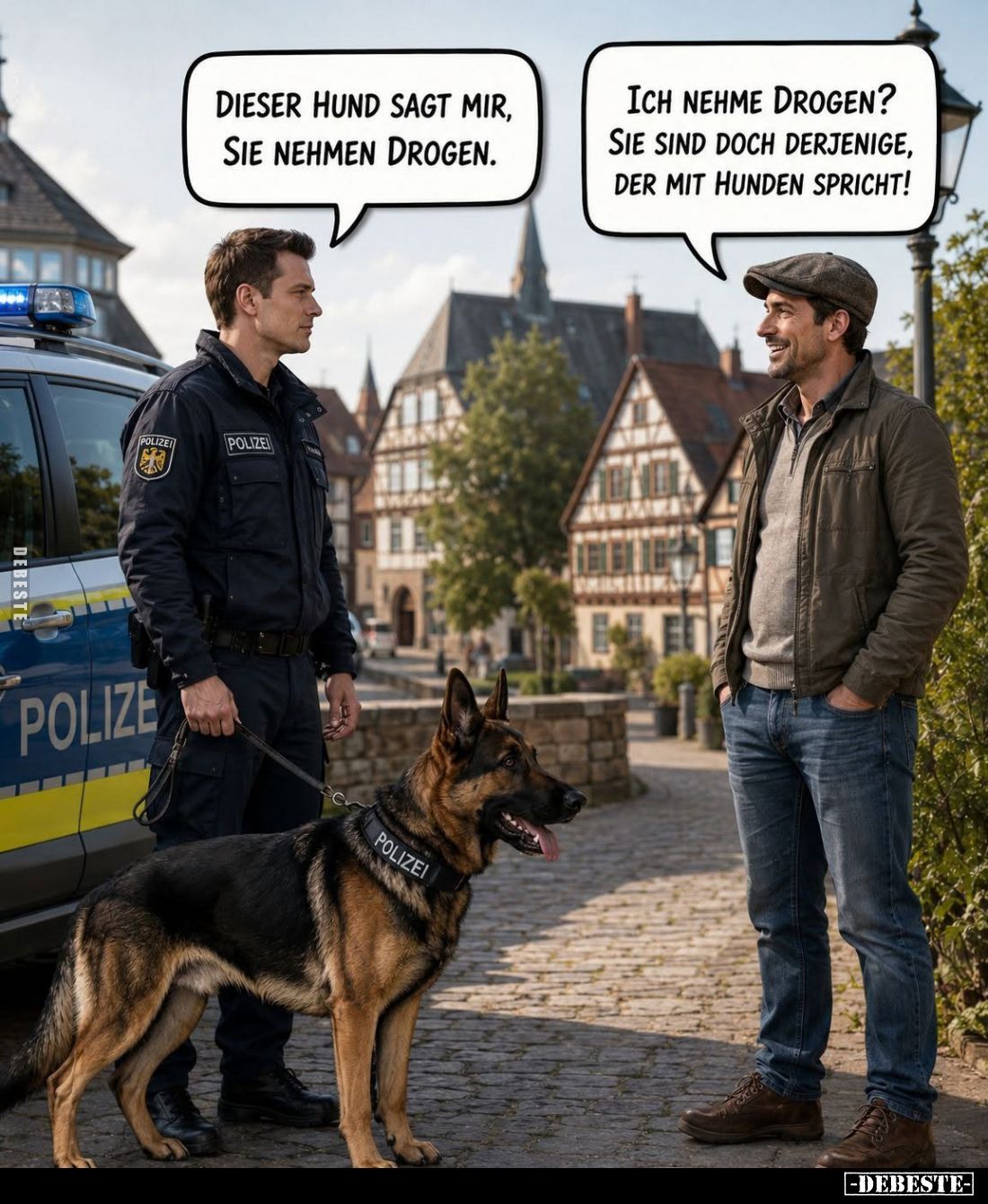 Dieser Hund sagt mir, sie nehmen Drogen.
Ich nehme Drogen? -
Sie sind doch derjenige, der mit Hunden spricht!