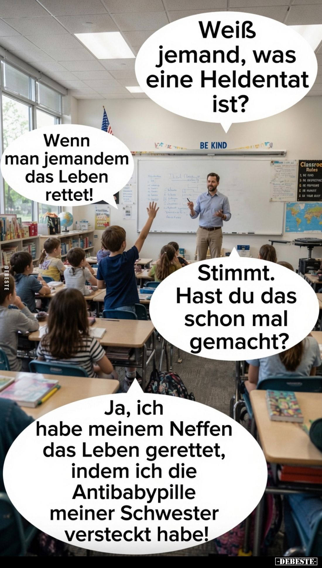 Weiß jemand, was eine Heldentat ist?
Wenn man jemandem das Leben rettet!
Stimmt. Hast du das schon mal gemacht?
Ja, ich ha...