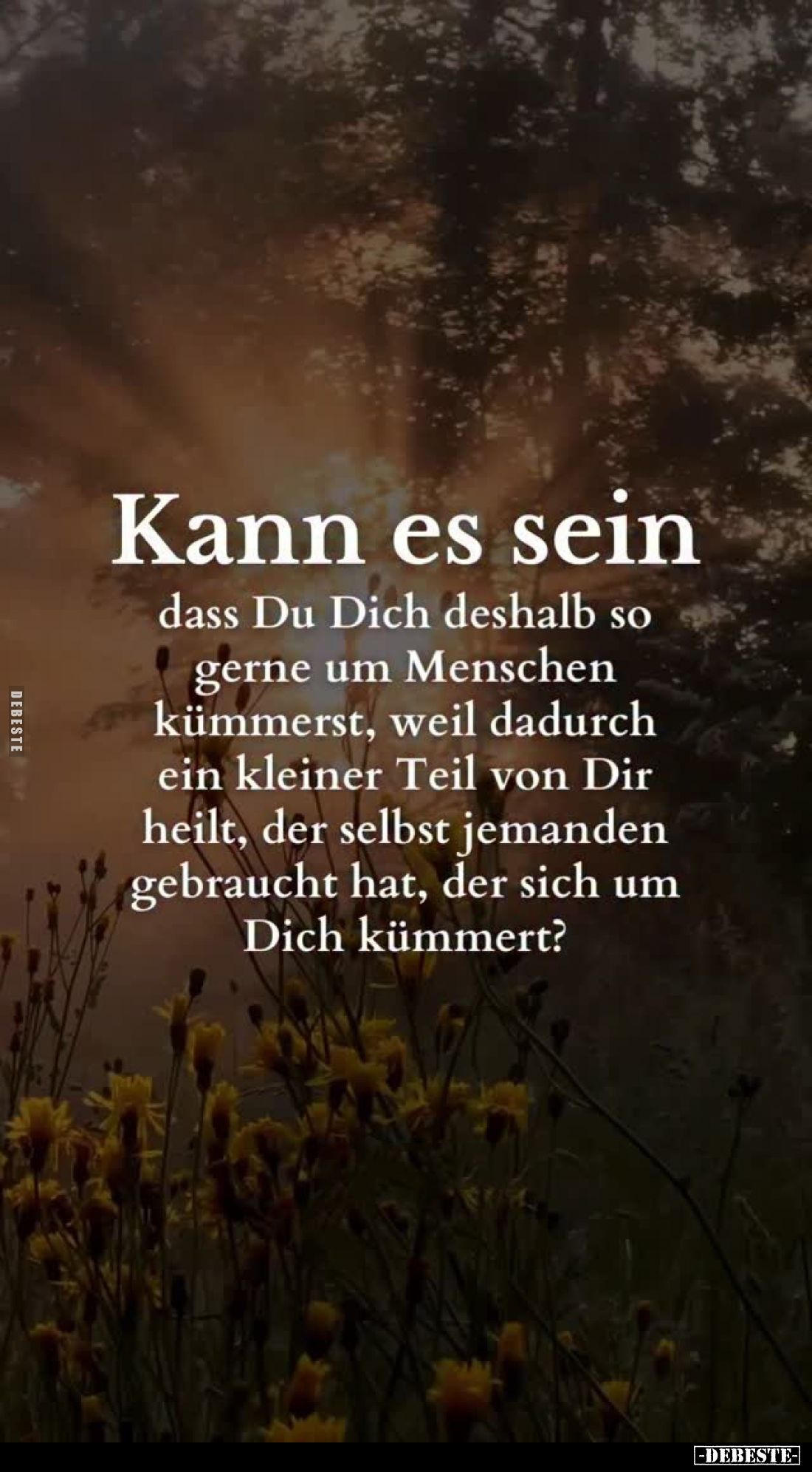 Kann es sein
dass Du Dich deshalb so gerne um Menschen kümmerst, weil dadurch ein kleiner Teil von Dir heilt, der selbst jem...