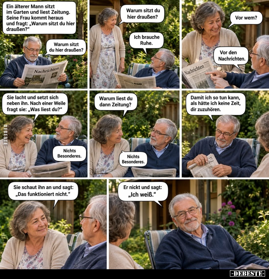 Ein älterer Mann sitzt im Garten und liest Zeitung. Seine Frau kommt heraus und fragt: „Warum sitzt du hier draußen?"
W...