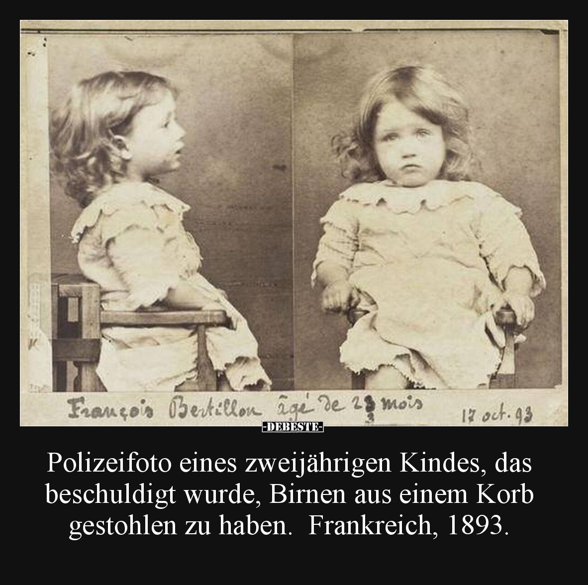 Polizeifoto eines zweijährigen Kindes, das beschuldigt wurde, Birnen aus einem Korb gestohlen zu haben.  Frankreich, 1893.