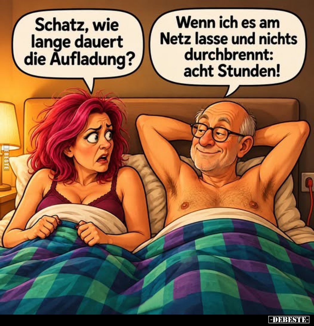 Schatz, wie lange dauert die Aufladung?
-
Wenn ich es am Netz lasse und nichts durchbrennt: acht Stunden!