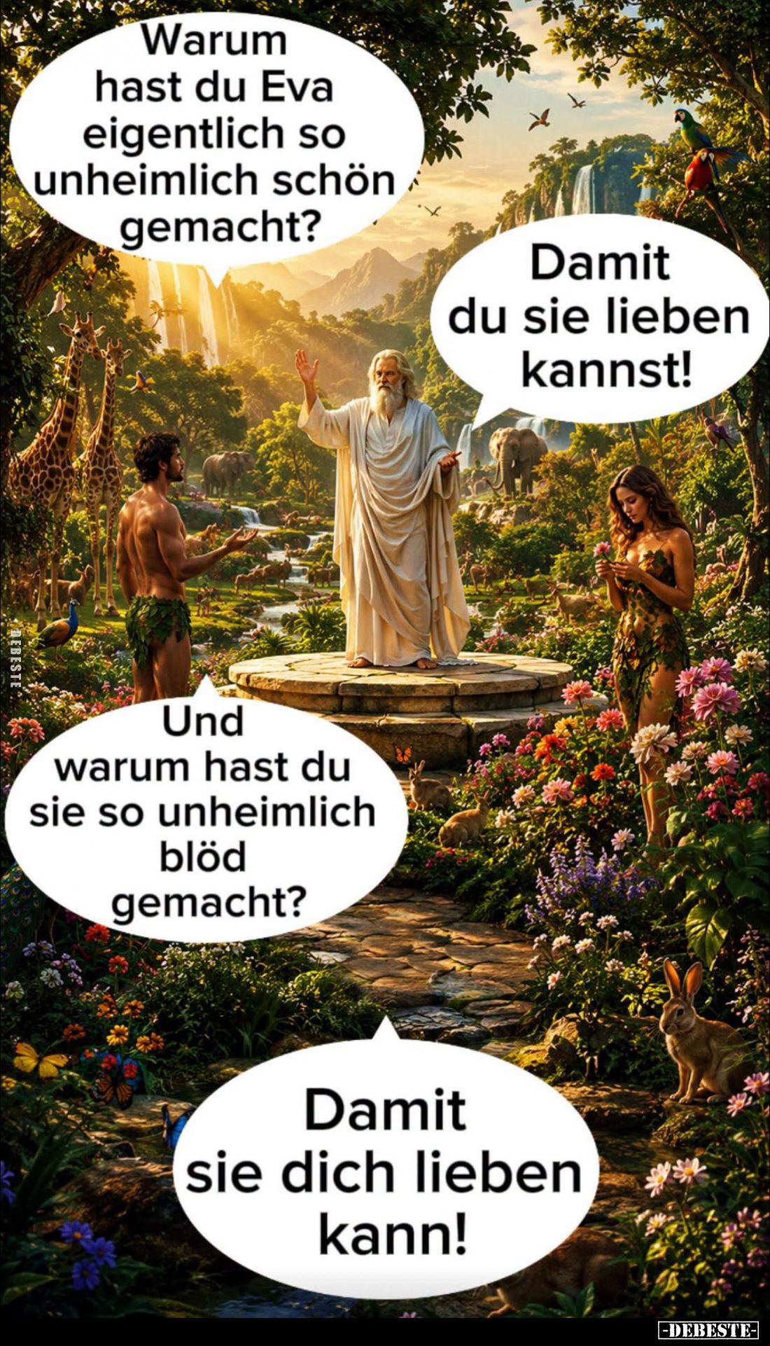 Warum hast du Eva eigentlich so unheimlich schön gemacht? -
Damit du sie lieben kannst! -
Und warum hast du sie so unheimli...