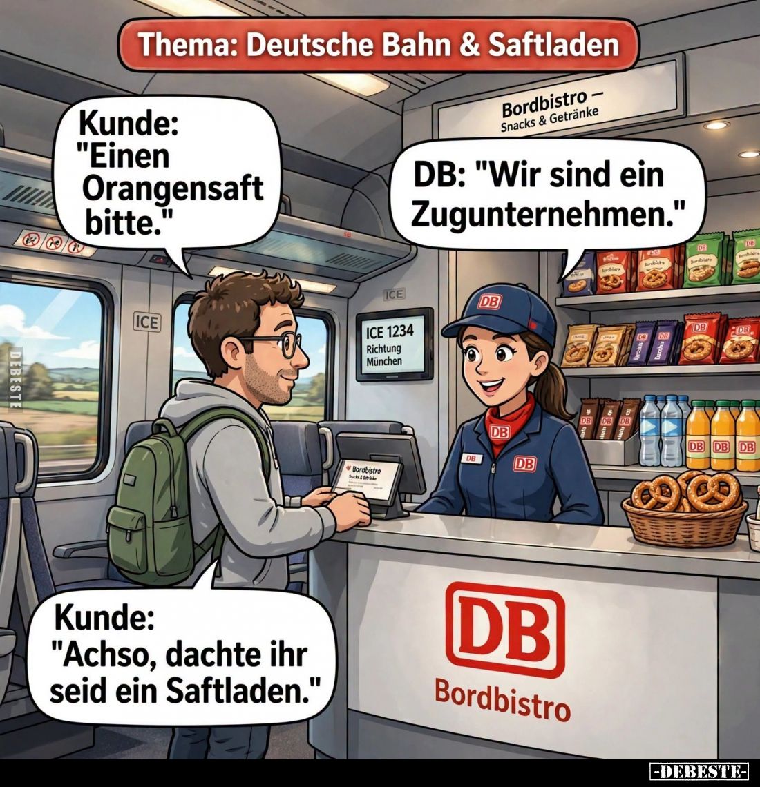 Thema: Deutsche Bahn und Saftladen. -
Kunde: "Einen Orangensaft bitte."
-
DB: "Wir sind ein Zugunternehmen....