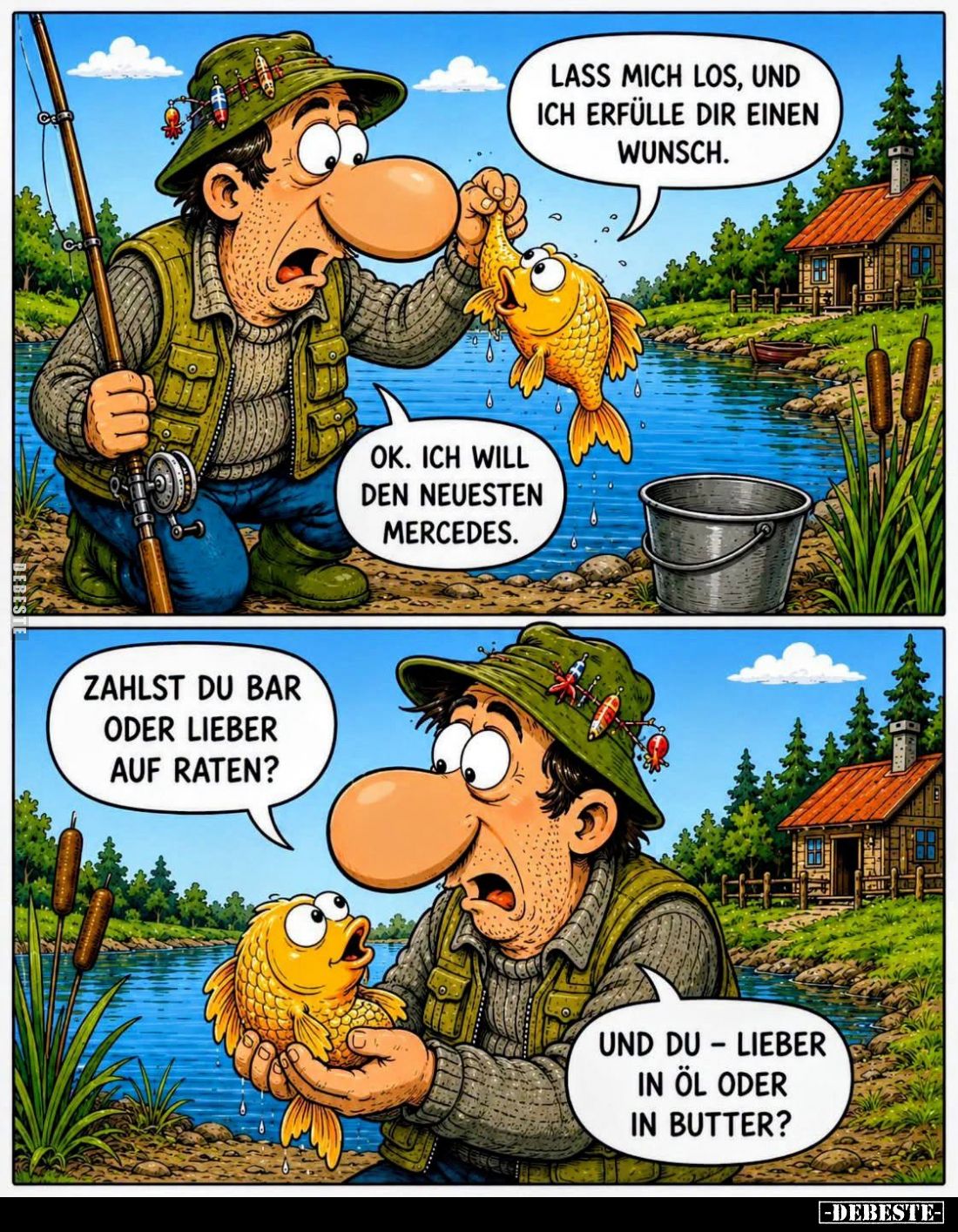 Lass mich los, und ich erfülle dir einen Wunsch. -
Ok. Ich will den neuesten Mercedes. -
Zahlst du Bar oder lieber auf Rate...