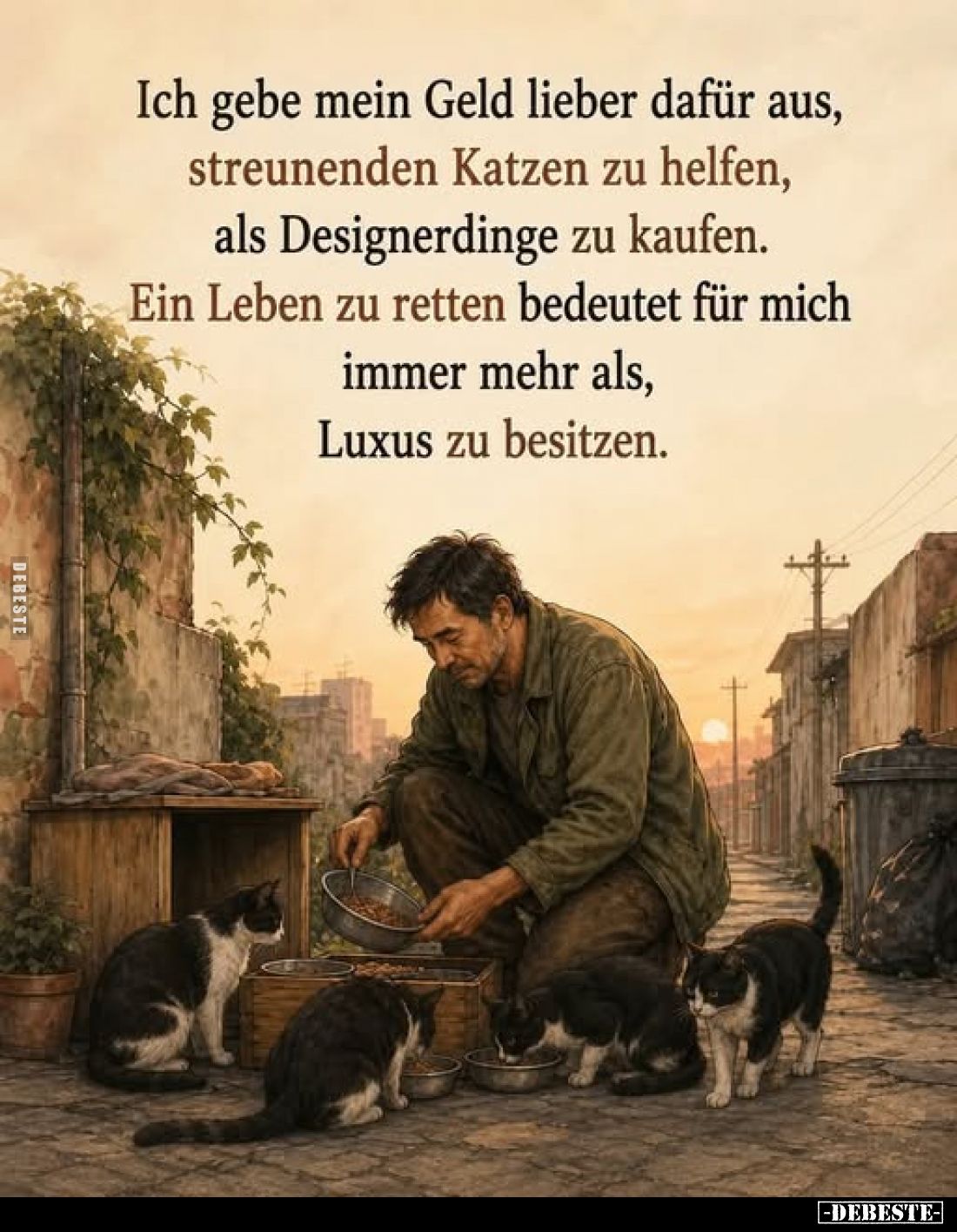 Ich gebe mein Geld lieber dafür aus, streunenden Katzen zu helfen, als Designerdinge zu kaufen.
Ein Leben zu retten bedeutet...