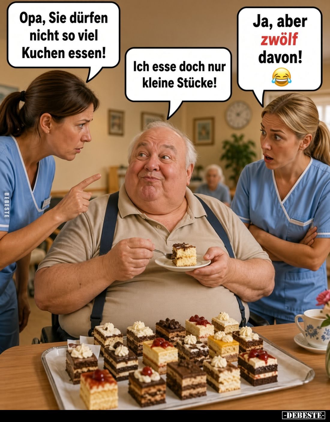 Opa, Sie dürfen nicht so viel Kuchen essen!
-
Ich esse doch nur kleine Stücke!
-
Ja, aber zwölf davon!
