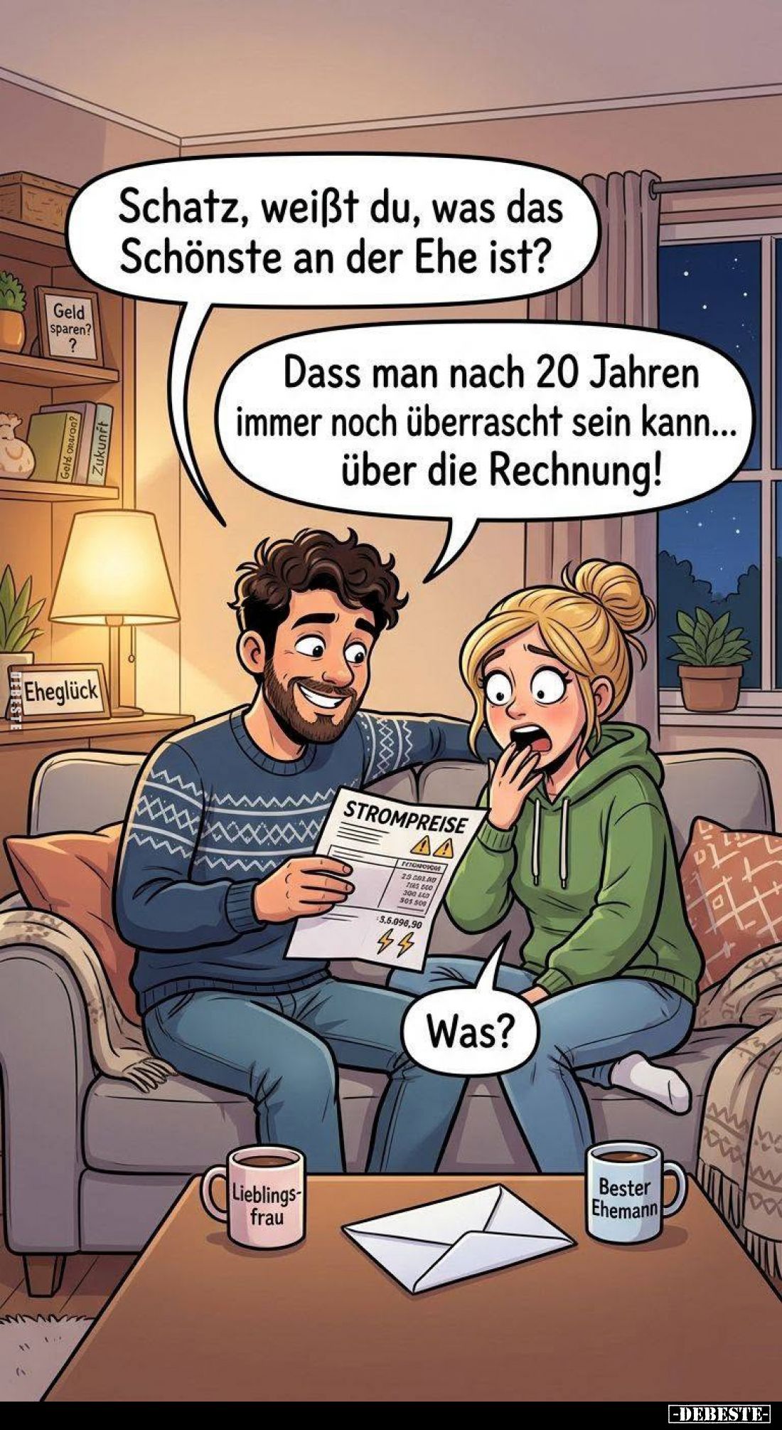 Schatz, weißt du, was das Schönste an der Ehe ist?
-
Dass man nach 20 Jahren immer noch überrascht sein kann... über die Re...