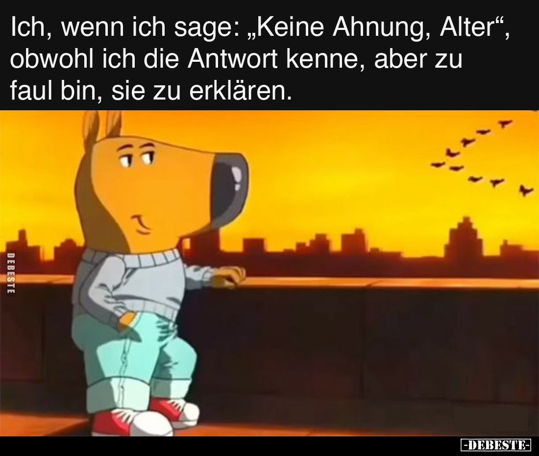 Ich, wenn ich sage: „Keine Ahnung, Alter“, obwohl ich die Antwort kenne, aber zu faul bin, sie zu erklären.
