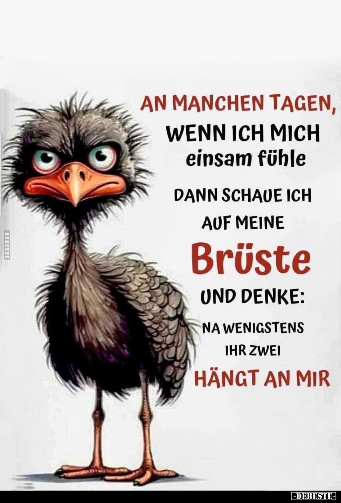An manchen Tagen,
wenn ich mich einsam Fühle
dann schaue ich auf meine
Brüste
und denke:
na wenigstens ihr zwei
hängt a...