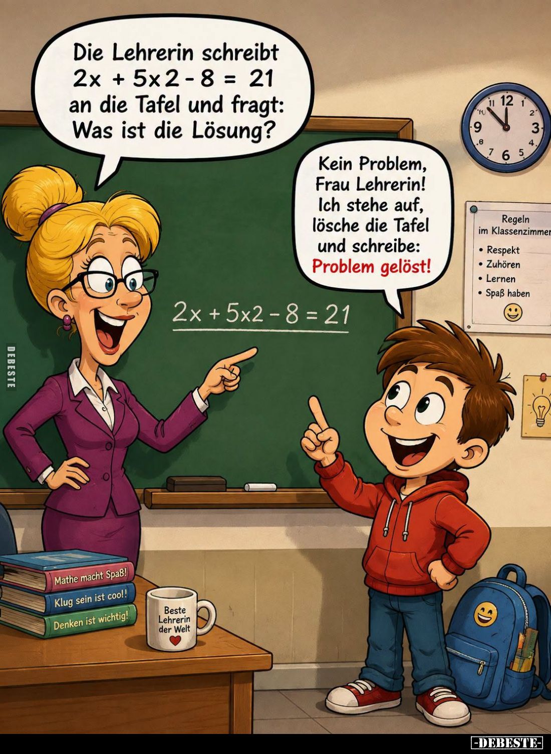 Die Lehrerin schreibt an die Tafel und fragt: Was ist die Lösung?
-
Kein Problem, Frau Lehrerin! Ich stehe auf, lösche die ...