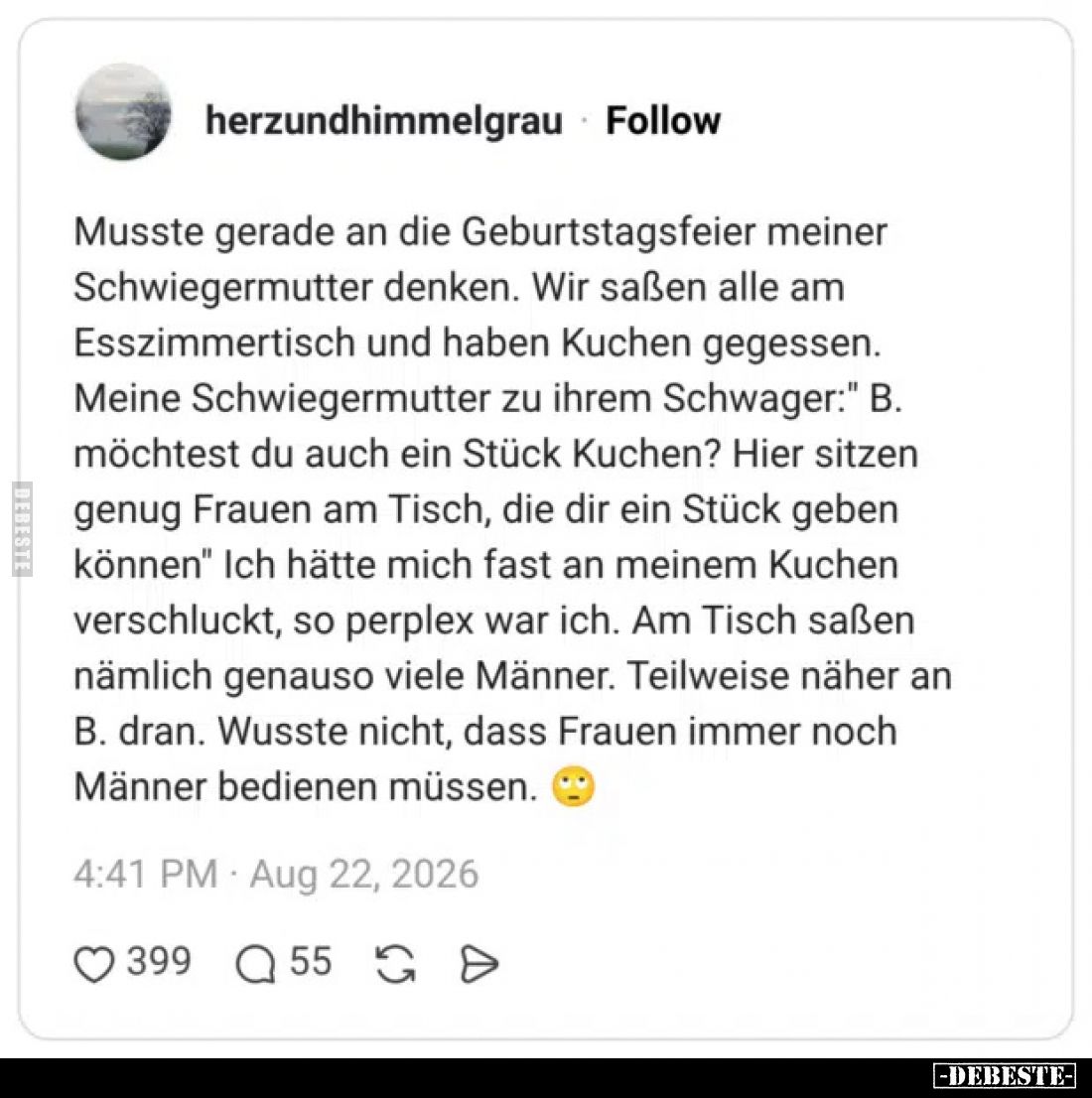 Musste gerade an die Geburtstagsfeier meiner Schwiegermutter denken.
Wir saßen alle am Esszimmertisch und haben Kuchen geges...