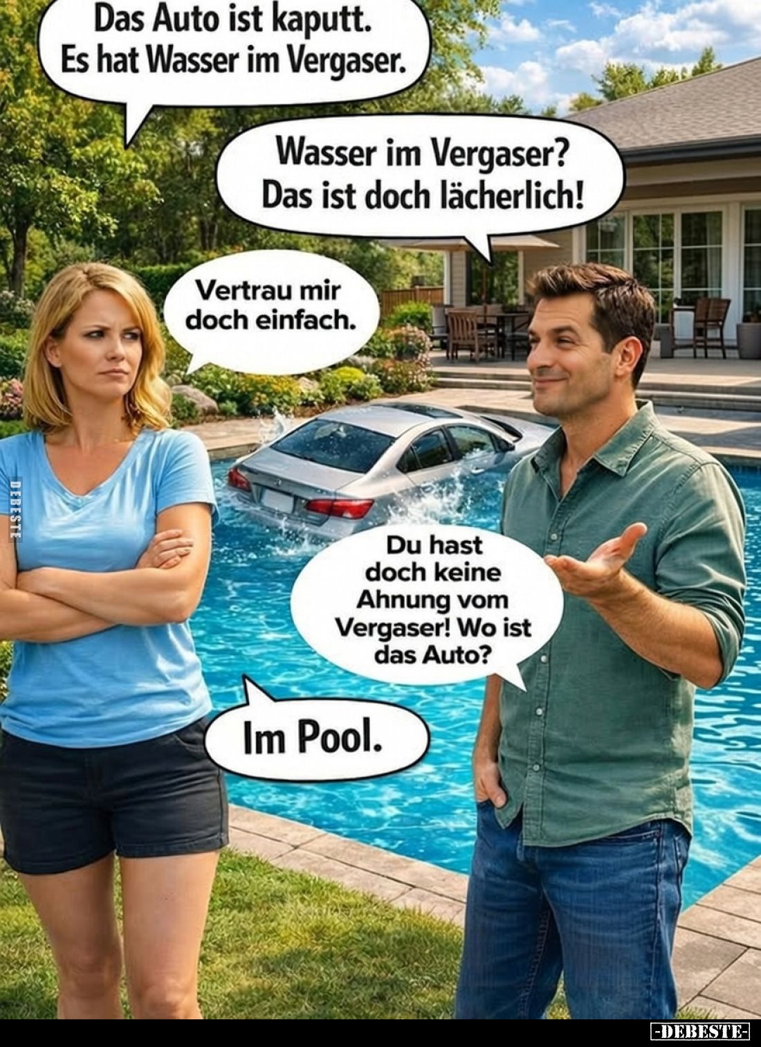 Das Auto ist kaputt. Es hat Wasser im Vergaser.
Wasser im Vergaser? Das ist doch lächerlich!
Vertrau mir doch einfach.
Du ...