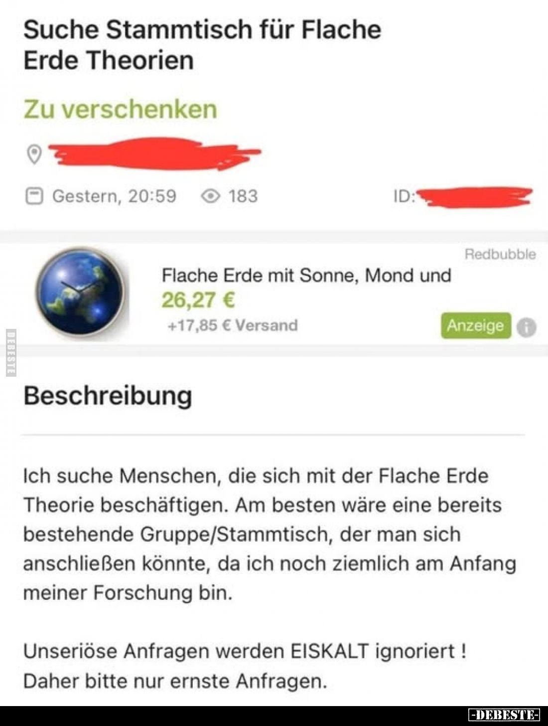 Suche Stammtisch für Flache Erde Theorien.
Zu verschenken.

Flache Erde mit Sonne, Mond und
26,27 €
+17,85 € Versand.
...