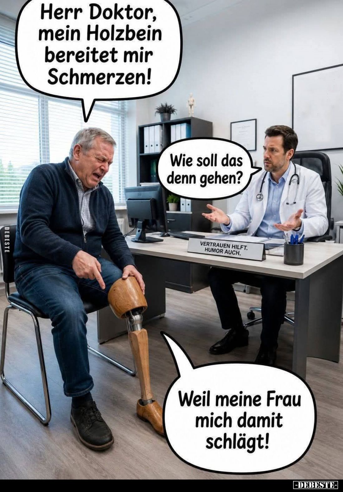 Herr Doktor, mein Holzbein bereitet mir Schmerzen! - Wie soll das denn gehen? - Weil meine Frau mich damit schlägt!