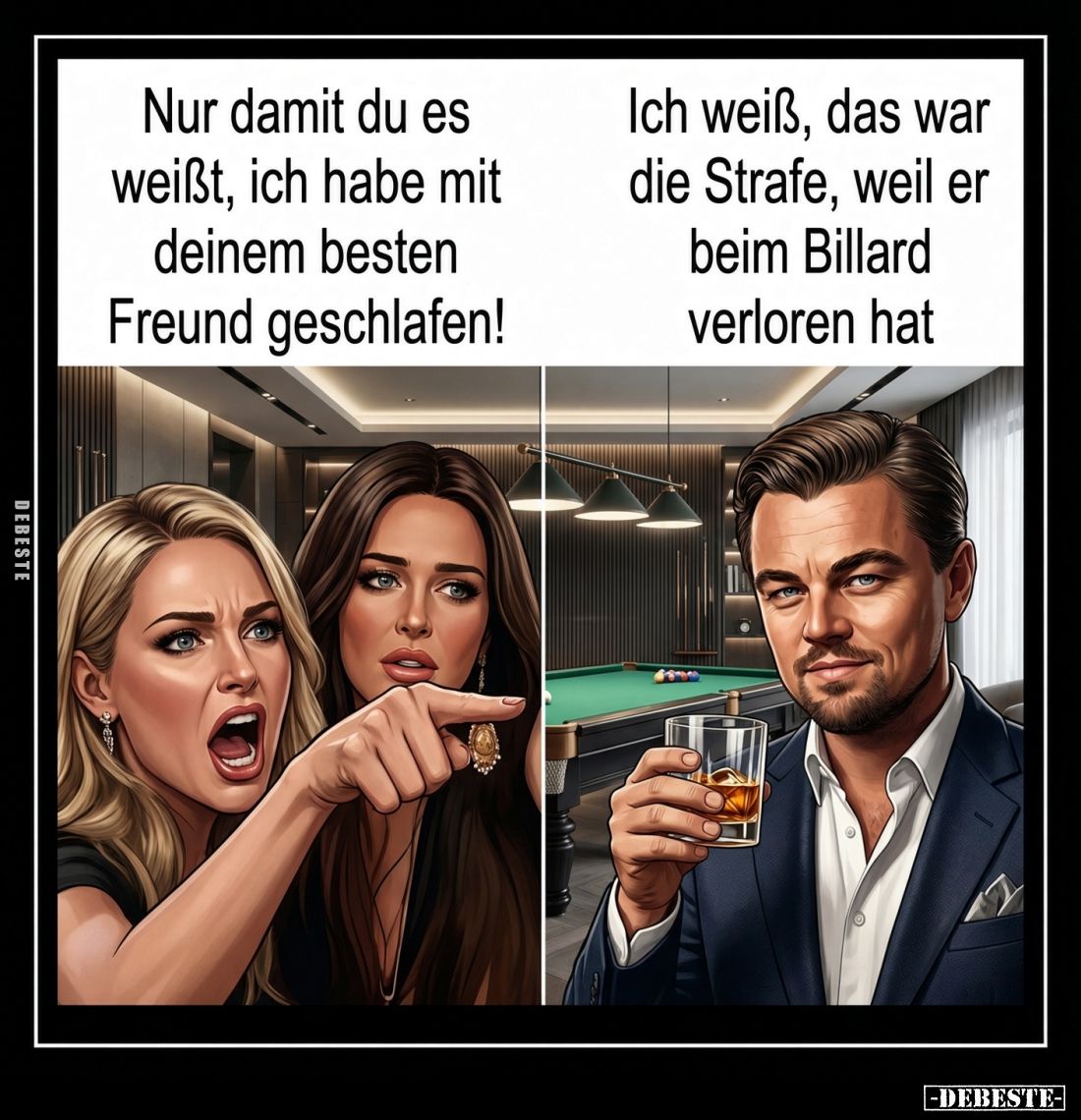 Nur damit du es weißt, ich habe mit deinem besten Freund geschlafen! -
Ich weiß, das war die Strafe, weil er beim Billard ve...
