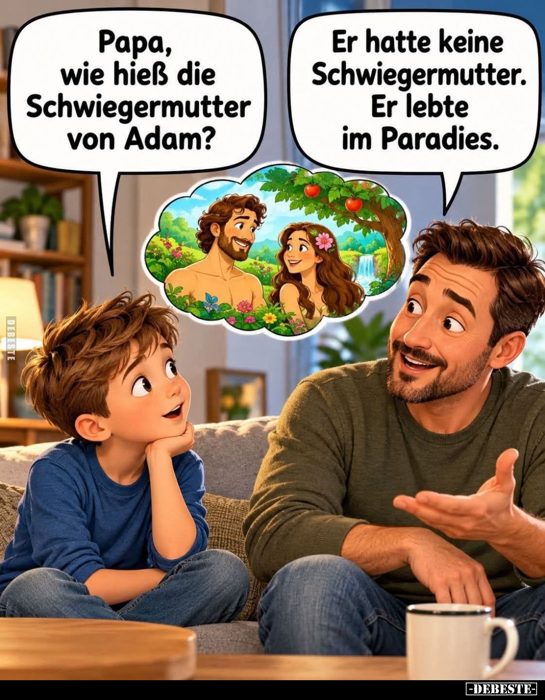 Papa, wie hieß die Schwiegermutter von Adam? -
Er hatte keine Schwiegermutter. Er lebte im Paradies.