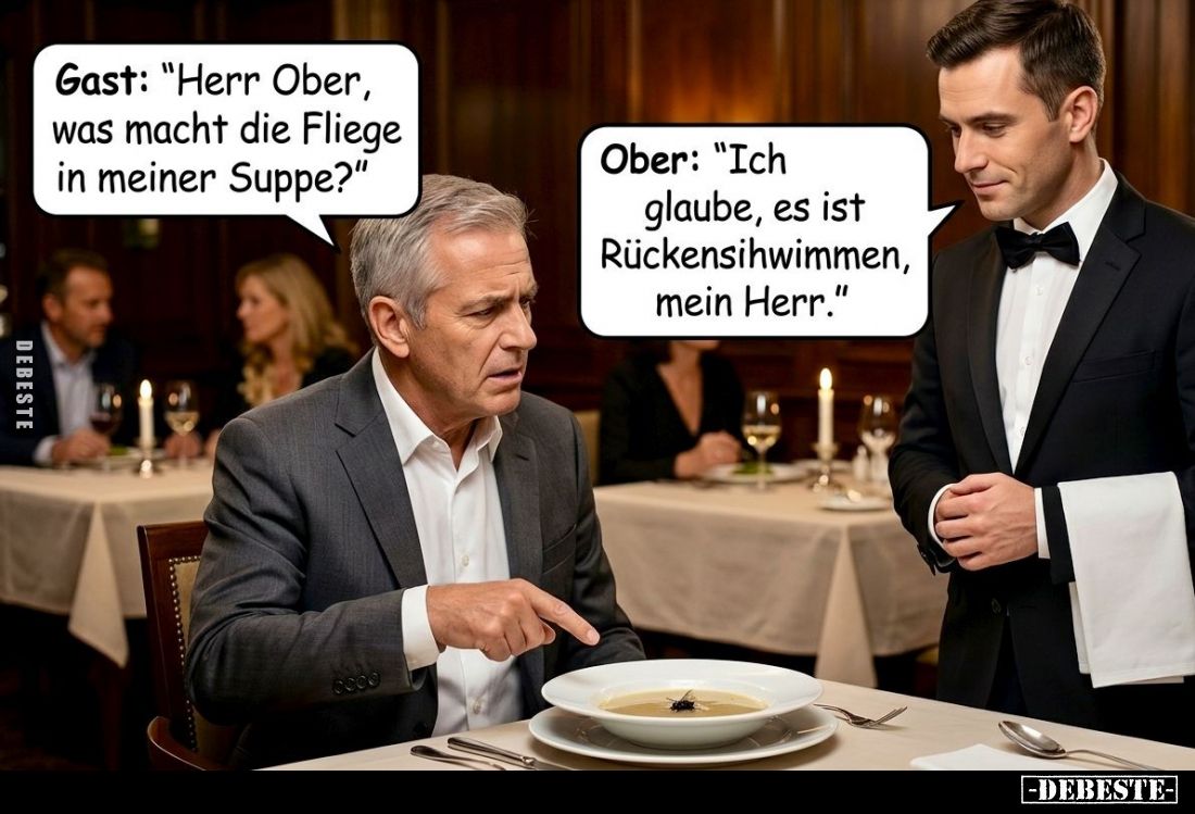 Gast: "Herr Ober, was macht die Fliege in meiner Suppe?" -
Ober: "Ich glaube, es ist Rückensihwimmen, mein He...