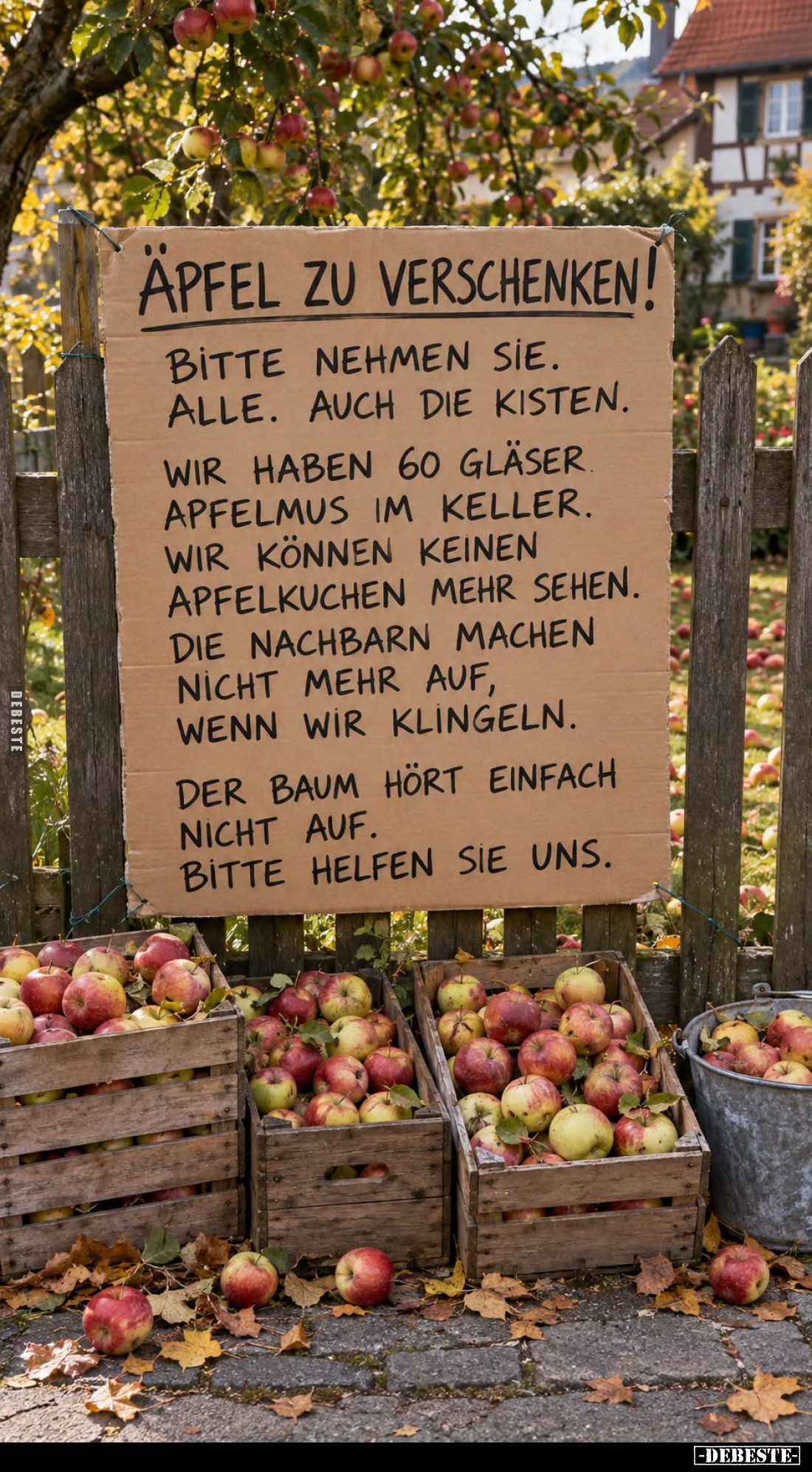 Äpfel zu verschenken!

Bitte nehmen Sie.
Alle. Auch die Kisten.

Wir haben 60 Gläser
Apfelmus im Keller.
Wir können ke...