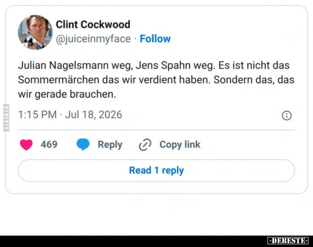 Julian Nagelsmann weg, Jens Spahn weg.
Es ist nicht das Sommermärchen das wir verdient haben.
Sondern das, das wir gerade b...