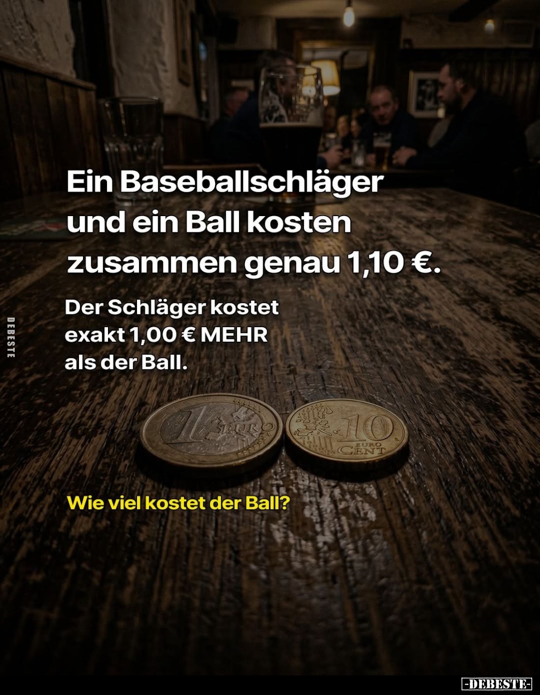 Ein Baseballschläger und ein Ball kosten zusammen genau 1,10 €.
Der Schläger kostet exakt 1,00 € MEHR als der Ball.