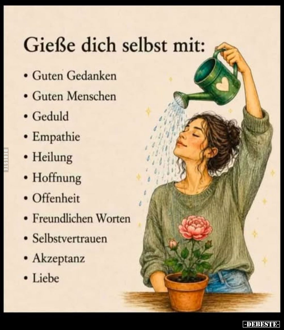 Gieße dich selbst mit:
- Guten Gedanken
- Guten Menschen
- Geduld
- Empathie
- Heilung
- Hoffnung
- Offenheit
- Freun...