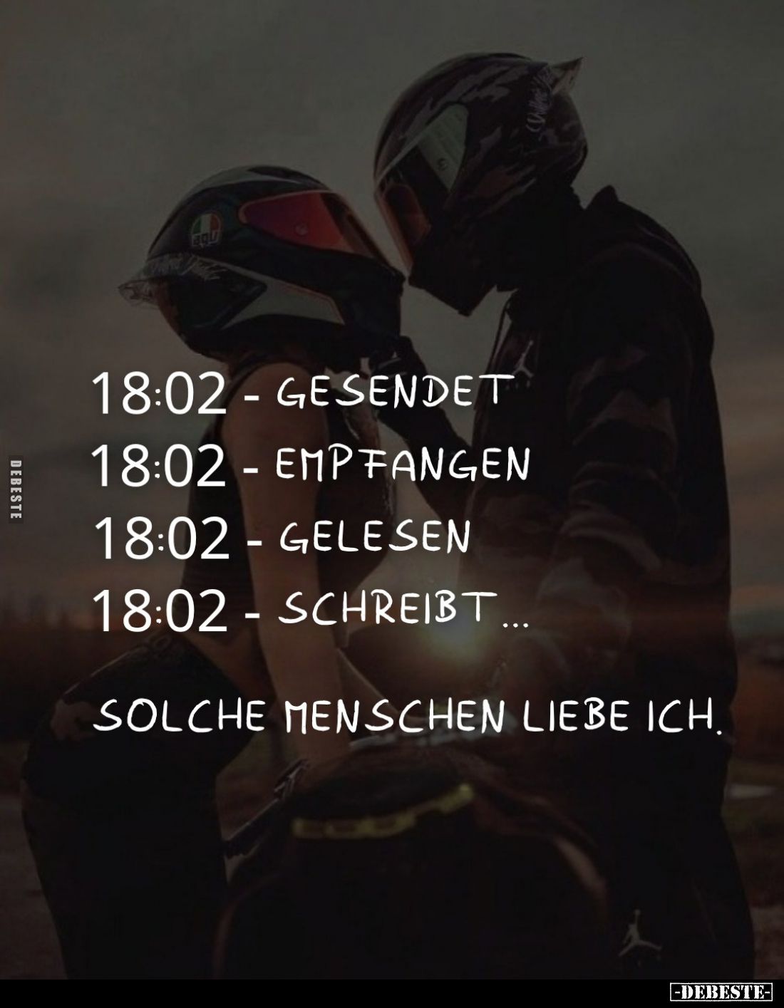 18:02 - Gesendet.
18:02 - Empfangen.
18:02 - Gelesen.
18:02 - Schreibt...
Solche Menschen liebe ich.