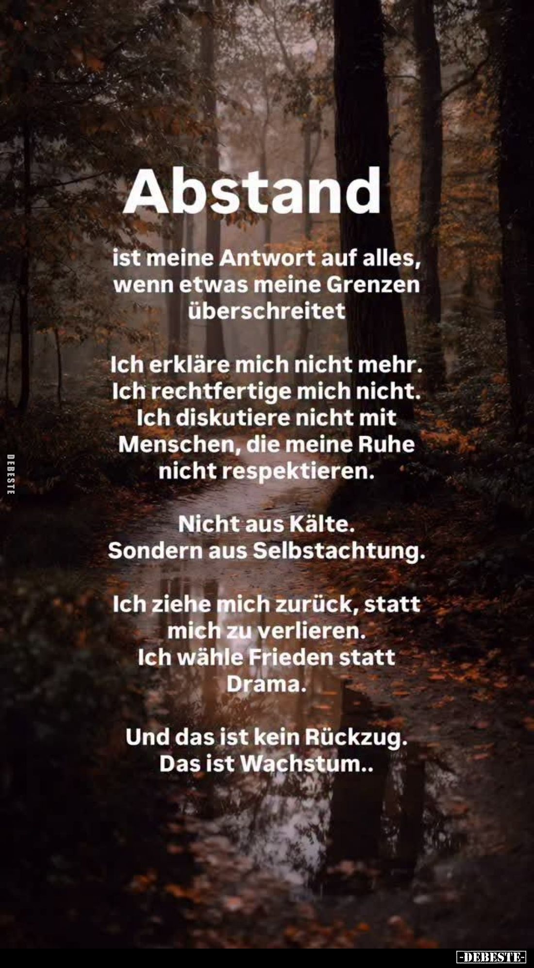 Abstand ist meine Antwort auf alles, wenn etwas meine Grenzen überschreitet
Ich erkläre mich nicht mehr.
Ich rechtfertige m...