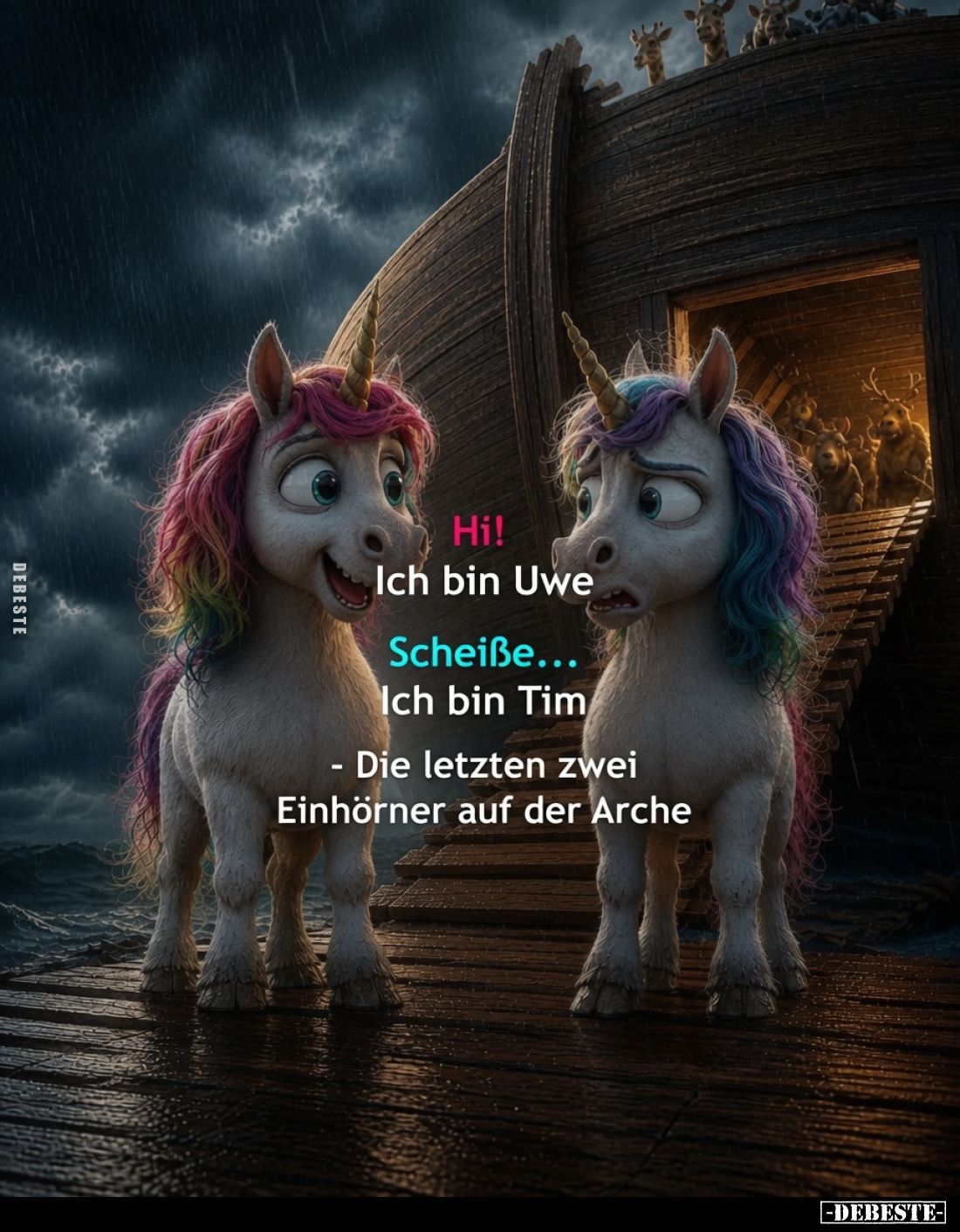 Hi!
Ich bin Uwe.
Scheiße...
Ich bin Tim.
Die letzten zwei Einhörner auf der Arche