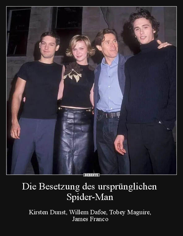 Die Besetzung des ursprünglichen Spider-Man.  Kirsten Dunst, Willem Dafoe, Tobey Maguire, James Franco
