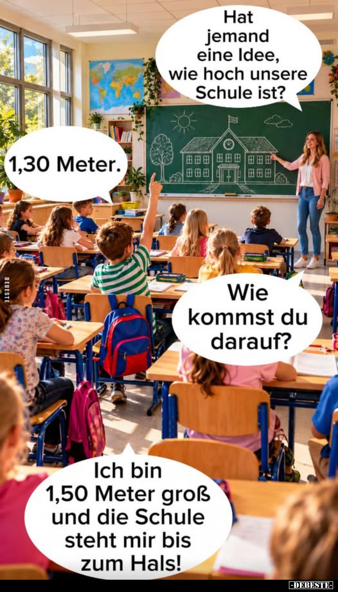 Hat jemand eine Idee, wie hoch unsere Schule ist?
-
1,30 Meter.
-
Wie kommst du darauf?
-
Ich bin 1,50 Meter groß und d...