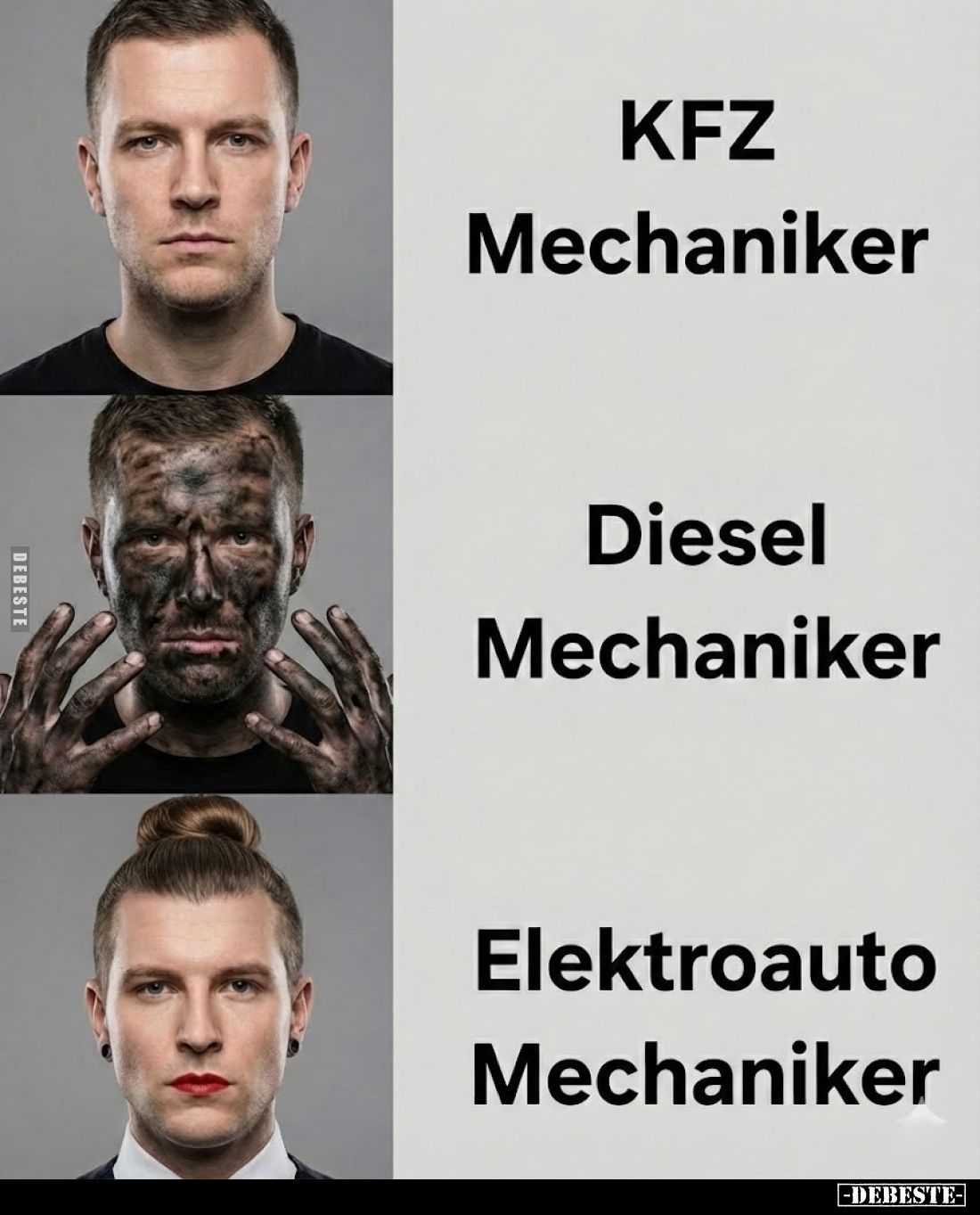 KFZ Mechaniker.
Diesel Mechaniker.
Elektroauto Mechaniker.