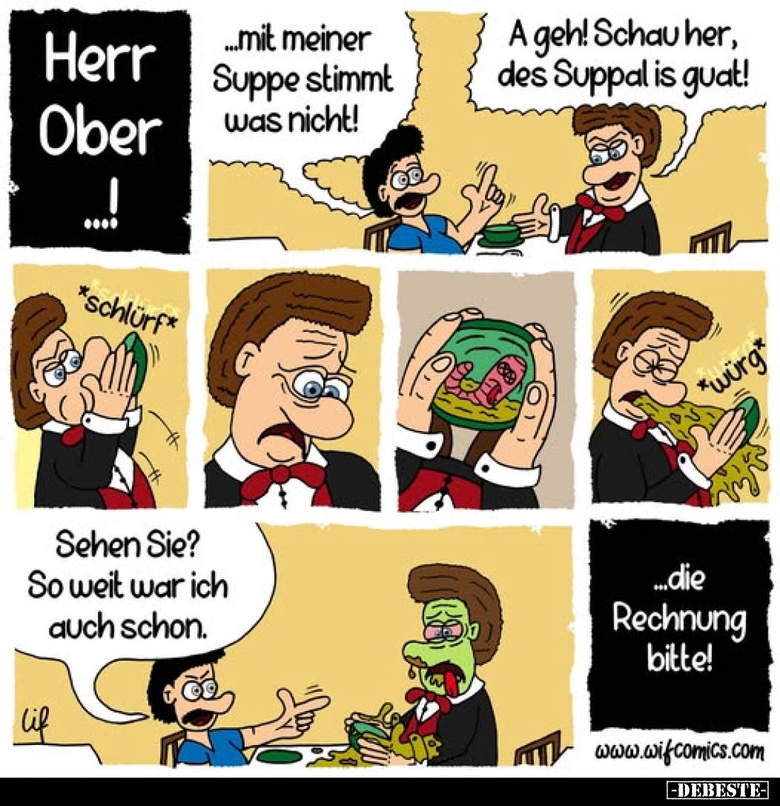 Herr Ober ...! ...mit meiner Suppe stimmt was nicht!
-
A geh! Schau her, des Suppal is guat!
-
Sehen Sie? So weit war ich...