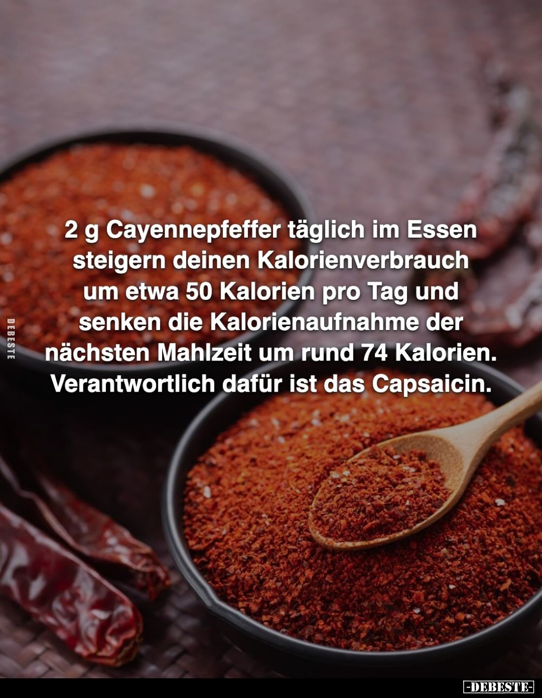 2 g Cayennepfeffer täglich im Essen steigern deinen Kalorienverbrauch um etwa 50 Kalorien pro Tag und senken die Kalorienaufn...