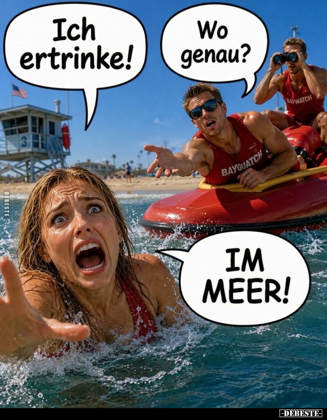 Ich ertrinke! -
Wo genau? -
IM MEER!